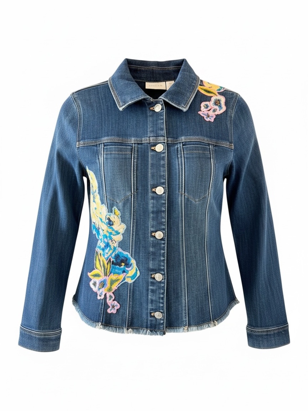 Chico’s Floral Embroidered Jean Denim Jacket Size 0 Small